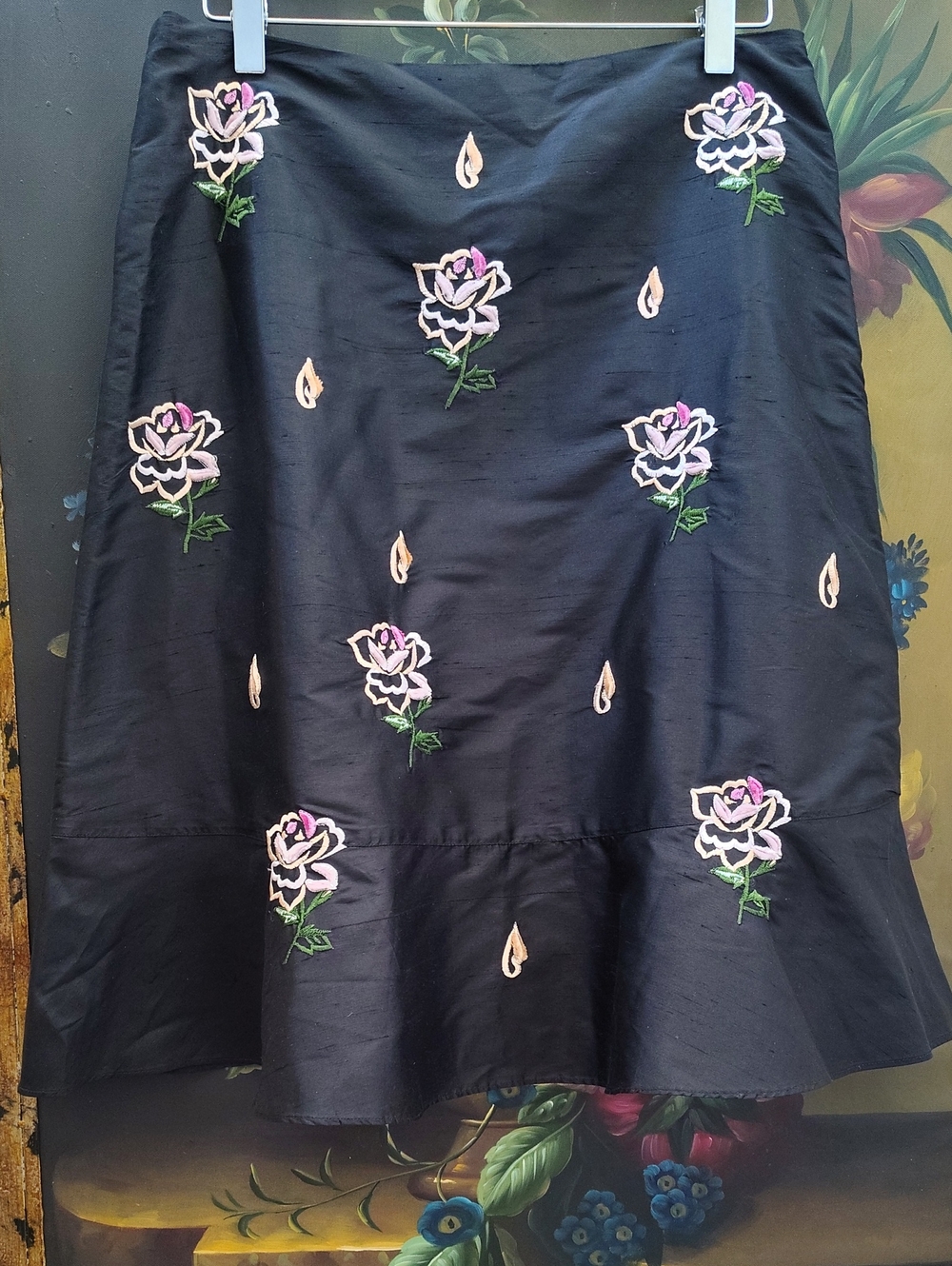Anthropologie Y2K Odille Embroidered Silk Trumpet Skirt, Waist Across 15.5 in.
